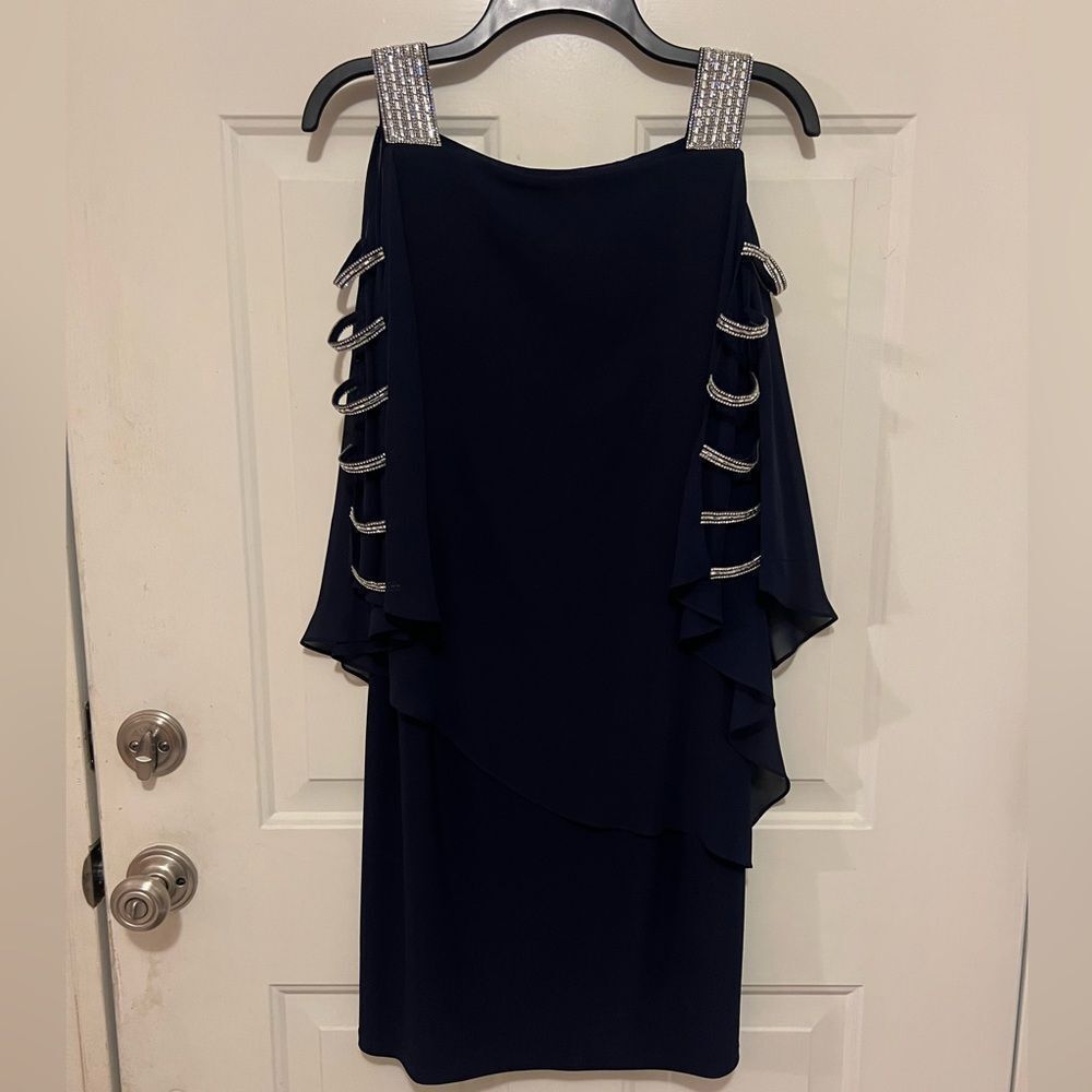 Navy Blue Semi-Formal Draped Sleeve Cocktail Dress